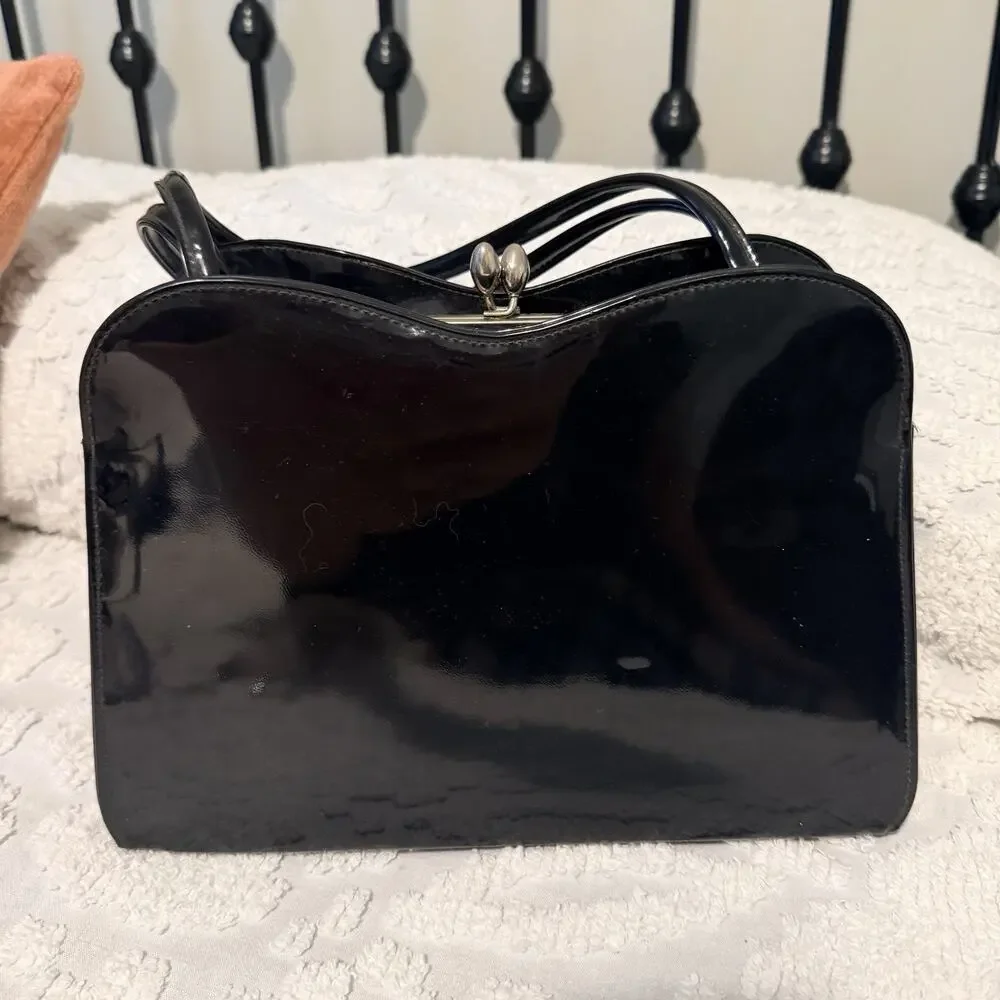 True Vintage 1960s Purse Black Handbag Gold Tone Kiss Lock Dressy Makers Mark
